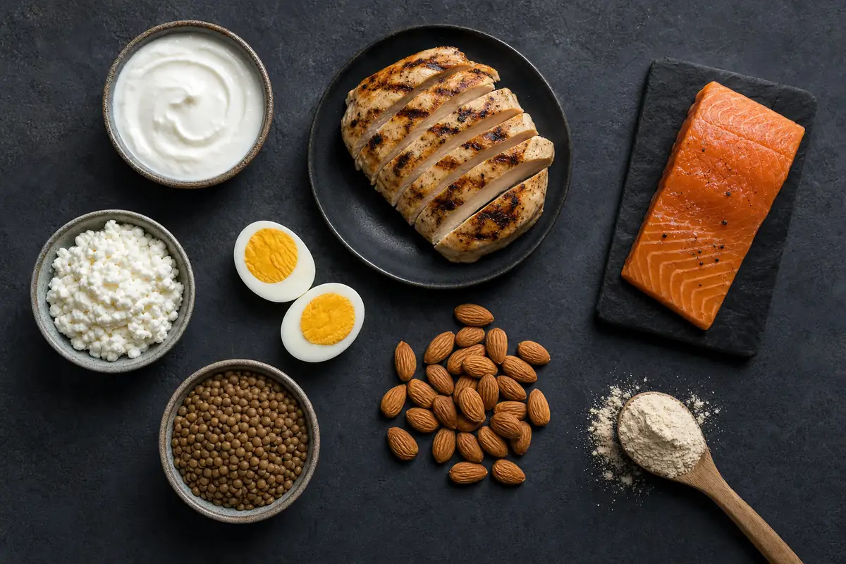 Ushqimet më të pasura me proteina — mish pule, salmon, vezë, kos grek dhe bishtajore