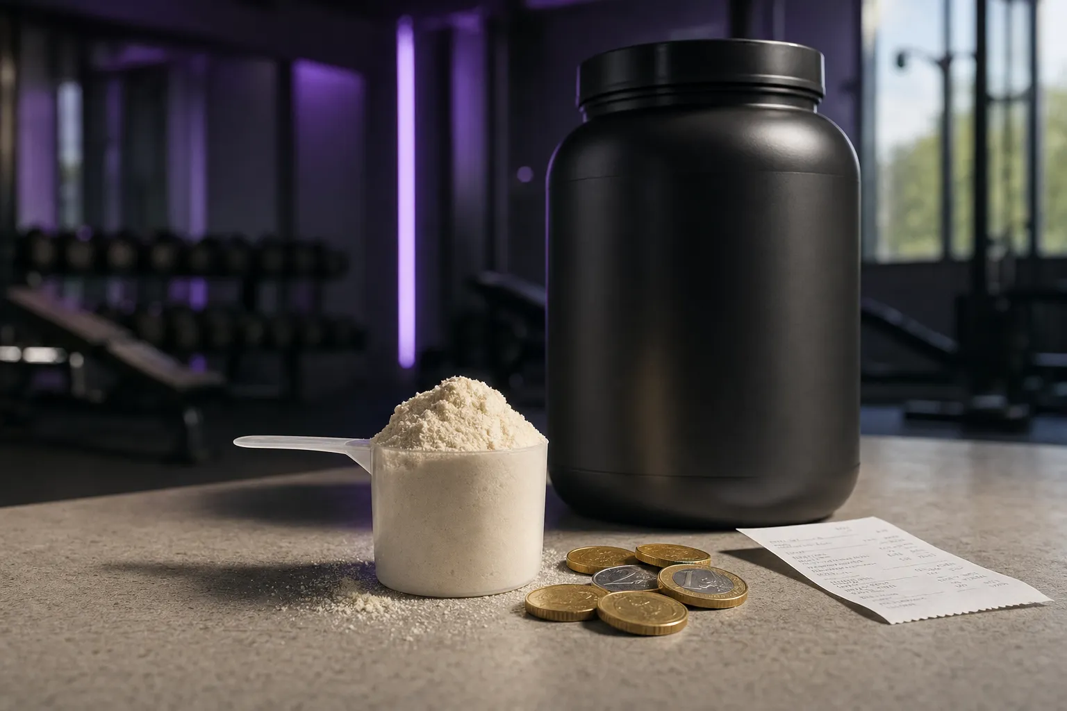 Lugë matëse me whey protein, monedha euro dhe faturë — çmimet e proteinës në Kosovë